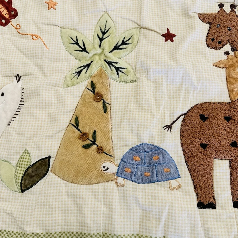 VTG Baby Quilt Crib Blanket Zoo Giraffe Zebra Turtle Jungle Comforter Gingham
